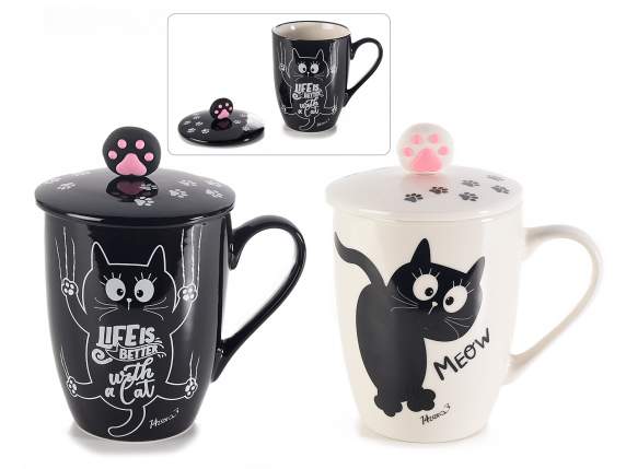 Tazza mug porcellana con coperchio e decoro Ciccio Cats
